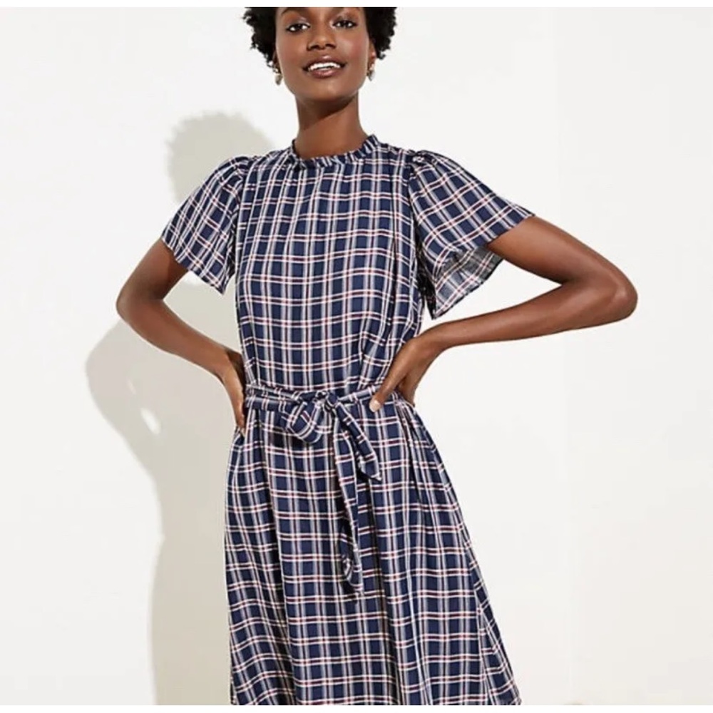 LOFT Plus Plaid Ruffle Neck Dress with Waist Tie (Red, Blue, White) Sz 18